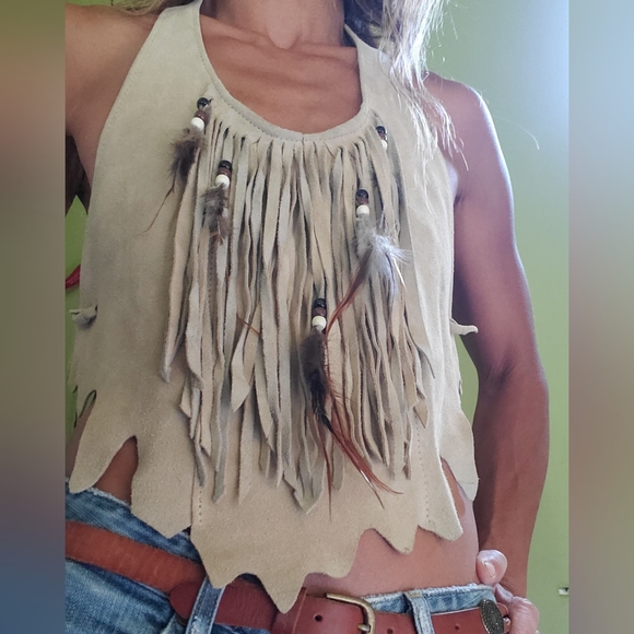 Vintage HB Native American Indian Leather Fringe Halter Crop Top. - Picture 3 of 6